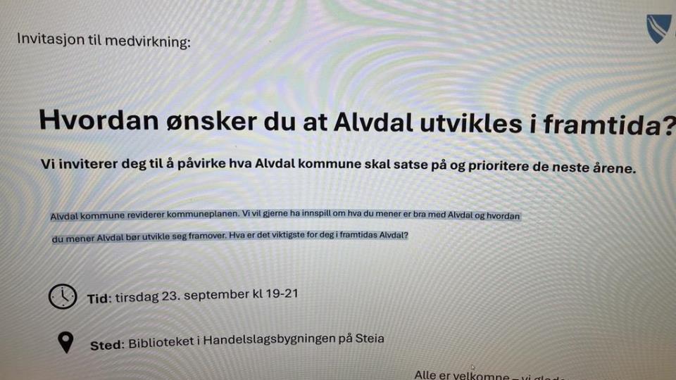 Lenke til artikkel: Hvordan ønsker du at Alvdal skal utvikles i framtida? Velkommen til medvirkningsverksted!